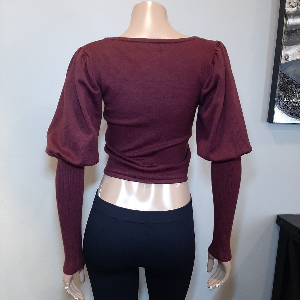 💠Guess Layla Puff Sleeve Cropped Sweater Cinch Drawstring Front Ribbed Pullover - Picture 9 of 13
